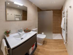 a bathroom with a sink and a toilet and a mirror at Apartamento Larrazu Agroturismo Baztán in Arráyoz