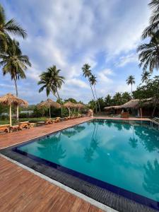 a pool at the resort with palm trees and umbrellas at Simply Peace in Tangalle