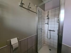 a bathroom with a shower with a glass door at Gîte de charme en Berry avec jardin privatif, idéal pour randonnées et observation des oiseaux - FR-1-591-184 in Rosnay