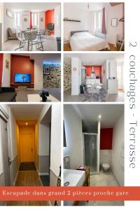 kolaż czterech zdjęć pokoju w obiekcie Escapade dans grand T2 de charme avec terrasse - Proche Gare et Centre ville w Lourdes