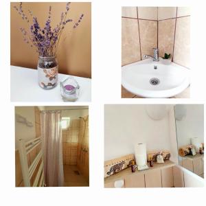 Trois photos d'une salle de bains avec lavabo et vase de fleurs dans l'établissement Gasthaus Baile 1 Mai, à Baile Unu Mai