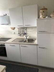 eine Küche mit weißen Schränken und einem Waschbecken in der Unterkunft My vintage Home in Solingen