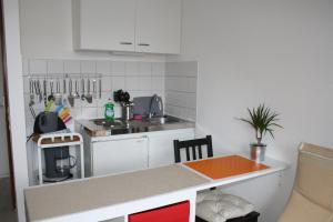 a small kitchen with a counter and a table at Schönes kleines Apartment direkt in Mannheim Innenstadt in Mannheim