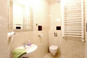 グダニスクにあるAmelia Apartament Centrumのバスルーム(洗面台、トイレ、鏡付)