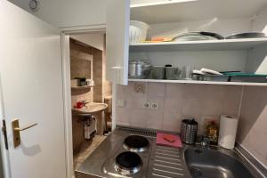 une petite cuisine avec évier et comptoir dans l'établissement Schönes Apartment mit Balkon in Mannheim Nahe Rheinauer See, à Mannheim