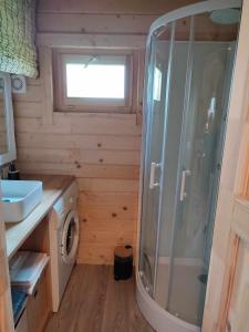 a bathroom with a shower and a washing machine at l'Eden du sancerrois in Sens-Beaujeu