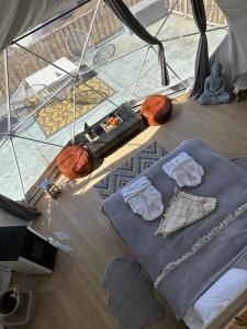 a room with a bed and a glass wall at Dorna Iglu Luxury Glamping Resort in Dorna Cîndrenilor