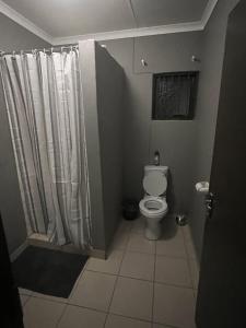 a bathroom with a toilet and a shower curtain at Proventures Self-catering House in Ondangwa