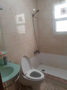 a bathroom with a toilet and a sink and a shower at Sahara Hostel and Private rooms in Dubai