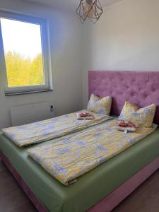 a bedroom with a large bed with a purple headboard at Vila Timur in Sarajevo