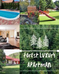 uma colagem de fotos com uma piscina e uma casa em Forest Luxury Apartman em Dorogháza