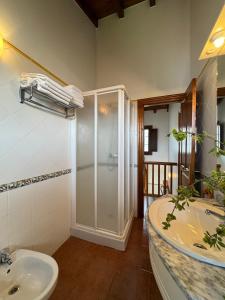a bathroom with a shower and a sink at Casa Rio Cubas in Cubas +52 photos