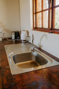 a stainless steel sink in a kitchen with a window at Audley End Farm in Curryʼs Post