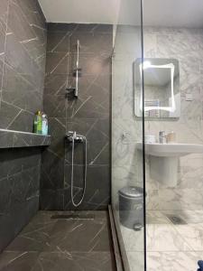 uma casa de banho com um chuveiro e um lavatório. em Skopje Boutique Apartments em Skopje