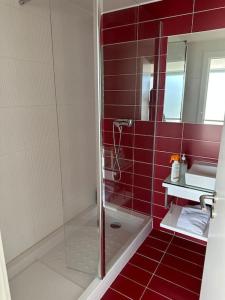 uma casa de banho com azulejos vermelhos, um chuveiro e um lavatório. em Penthouse com Jacuzzi em Coimbra