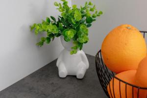 un vaso bianco con una pianta accanto a un cesto di arance di Studio El Cubano with Parking in Gdansk by Rent like home a Danzica