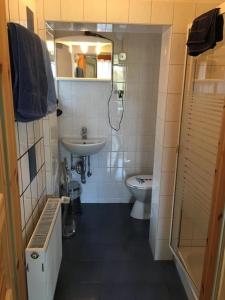 a bathroom with a sink and a toilet at Schöne Wohnung in Widukindland mit Grill, Garten und Terrasse in Osnabrück