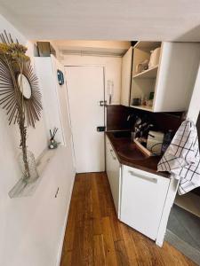 una cucina con armadi bianchi e una pianta in vaso di Appartement cosy en plein cœur de Paris a Parigi