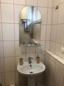 a bathroom with a sink and a mirror at Apartment complex in Sumy