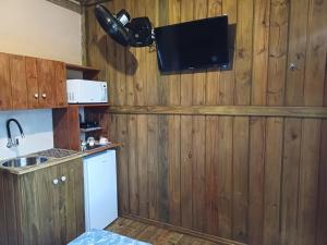 賓海洛的住宿－Recanto Cabanas，一间带木墙的厨房和一台墙上的电视