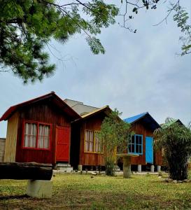 賓海洛的住宿－Recanto Cabanas，排有红色门的小屋