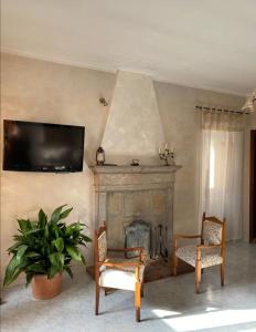 een woonkamer met een open haard, 2 stoelen en een televisie bij I Cento Portali - Albergo Diffuso in Pignola