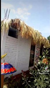 Cabaña pequeña con techo de paja y sombrilla en Bugambilia glamping en Ica