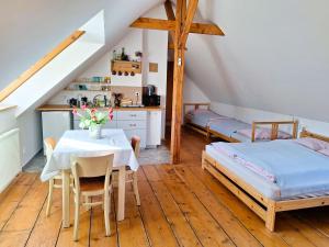 ein Schlafzimmer mit einem Tisch und einem Bett sowie eine Küche in der Unterkunft Ubytování Na Sýpce in Bělá