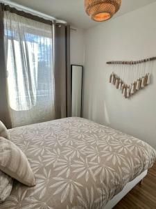 a bedroom with a bed with a large window at Appartement T2 proche de la gare Bourg en Bresse in Bourg-en-Bresse