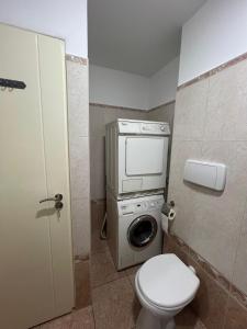 łazienka z toaletą i pralką w obiekcie Cozy Apartment w mieście Zalău