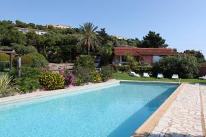 a swimming pool in a villa with a garden at Les Bungalows de Figha in Tarcu