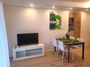 a dining room with a table and a television at BELLAViTA LAKE GARDA Apartments in Arco