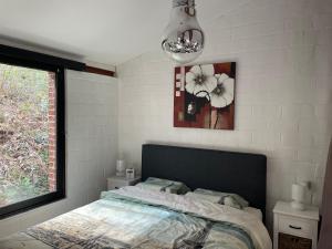 1 dormitorio con 1 cama y una foto en la pared en Gezellige Chalet met groot zonneterras in Domaine du Bonsoy - vernieuwd in 2024, en Blaimont