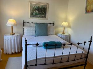 - une chambre avec un lit et deux lampes de chaque côté dans l'établissement Oasis Cottage in Merweville, à Merweville