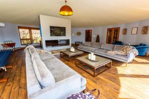 uma sala de estar com dois sofás e uma lareira em Luxury Mountain Mansion Huge Pool, Sauna, 7000sqft em Windham