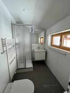 a small bathroom with a shower and a toilet at Haus Augstbord BNB Zimmer in Unterbäch