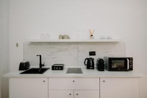 eine Küche mit einer Arbeitsplatte, einer Mikrowelle und Geräten in der Unterkunft Alatea Apartments Valverde in Verona