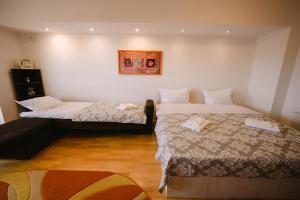 a bedroom with two beds and a picture on the wall at Privilegio apartment - Centru Civic - Afi Mall in Braşov