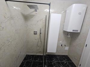 een badkamer met een douche en een glazen deur bij Apartamente Rognean in Wölfnitz
