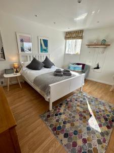 a bedroom with a large bed and a rug at Torbay Annexe in Torquay