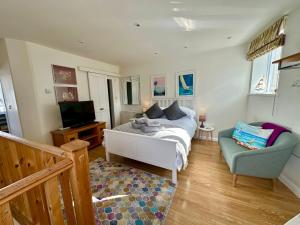 een slaapkamer met een bed, een stoel en een televisie bij Torbay Annexe in Torquay