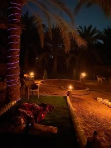 a night time view of a swimming pool with lights at Mezorin Camp in Siwa