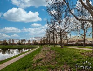 a path through a park with trees and a pond at Marvel House - Disneyland 5min, Private Parking, Terrace in Magny-le-Hongre