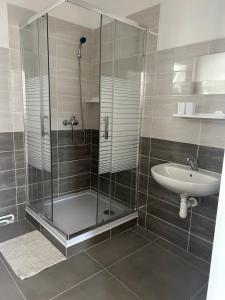 a bathroom with a shower and a sink at Apartmán Krkovička in Mikulášovice