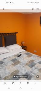 1 dormitorio con 1 cama con pared de color naranja en Relais Maria Luisa Locazione turistica di Simona Capaccio, en Fiumicino