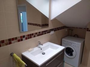 a bathroom with a sink and a washing machine at Charmant appartement T2 neuf ,calme tout confort. in Cases-de-Pène +7 photos