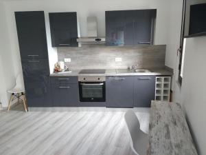 uma cozinha com armários pretos e um lavatório em Charmant appartement T2 neuf ,calme tout confort. em Cases-de-Pène