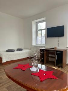 a living room with a bed and a coffee table at Apartmán Krkovička in Mikulášovice