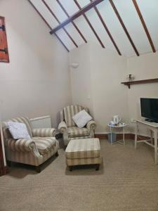 uma sala de estar com duas cadeiras e uma televisão em The Beacons Guest House em Brecon