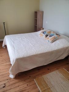 een bed in een slaapkamer met een houten vloer bij le Moulin de la Raterie in Charensat